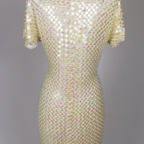 Vintage 80s Pearl Heavily Beaded Cocktail Party Prom Trophy Sheath Dress  S M - Picture 15 of 16